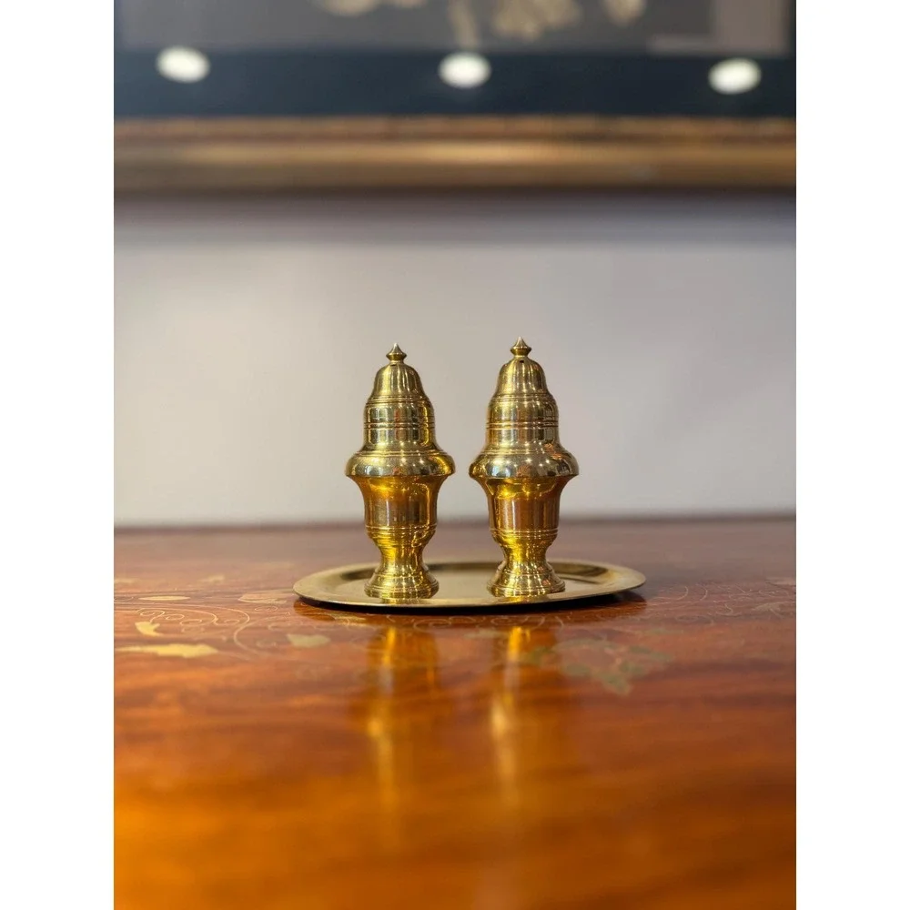 Vintage Brass Salt and Pepper‎ Shaker Set with Tray